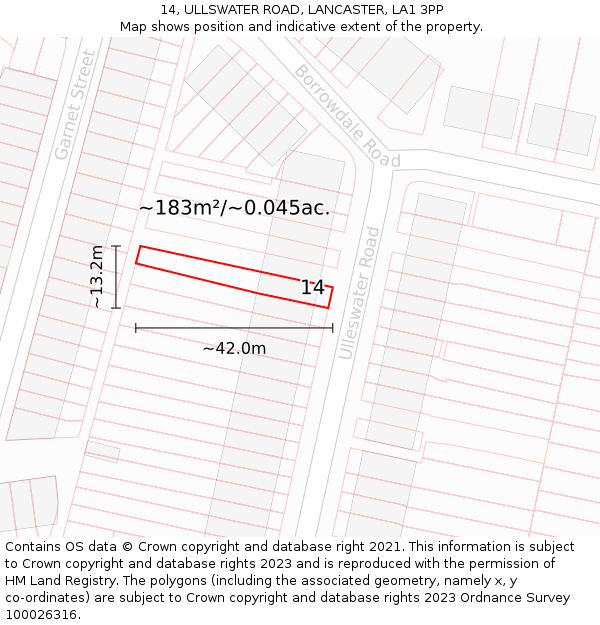14, ULLSWATER ROAD, LANCASTER, LA1 3PP: Plot and title map