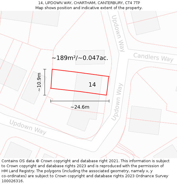 14, UPDOWN WAY, CHARTHAM, CANTERBURY, CT4 7TP: Plot and title map