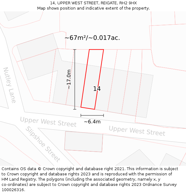 14, UPPER WEST STREET, REIGATE, RH2 9HX: Plot and title map