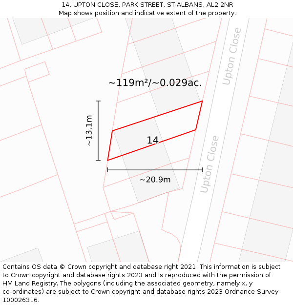 14, UPTON CLOSE, PARK STREET, ST ALBANS, AL2 2NR: Plot and title map