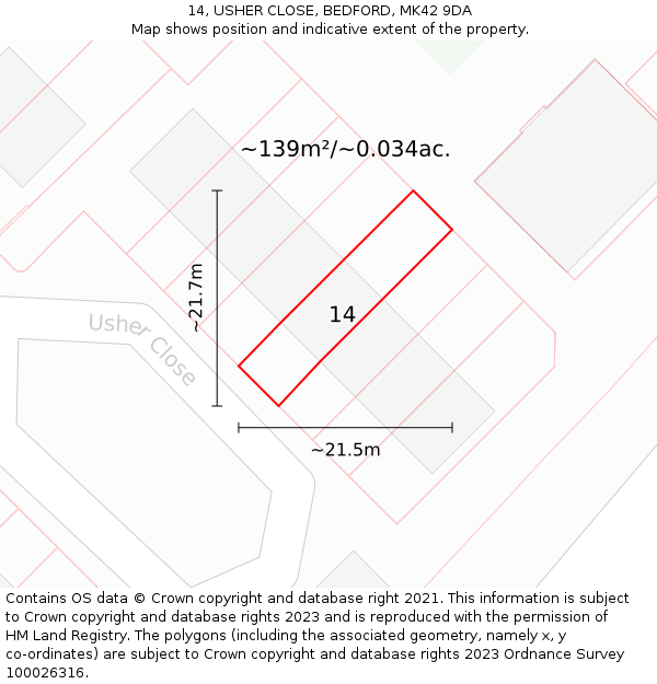 14, USHER CLOSE, BEDFORD, MK42 9DA: Plot and title map