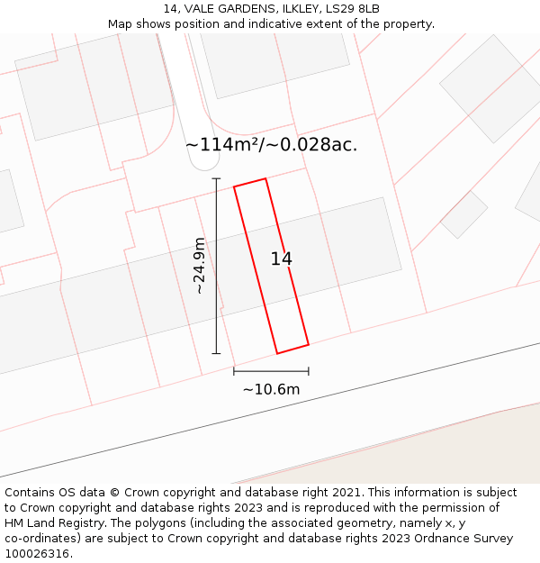 14, VALE GARDENS, ILKLEY, LS29 8LB: Plot and title map