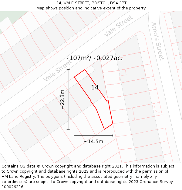 14, VALE STREET, BRISTOL, BS4 3BT: Plot and title map