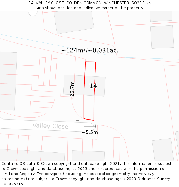 14, VALLEY CLOSE, COLDEN COMMON, WINCHESTER, SO21 1UN: Plot and title map