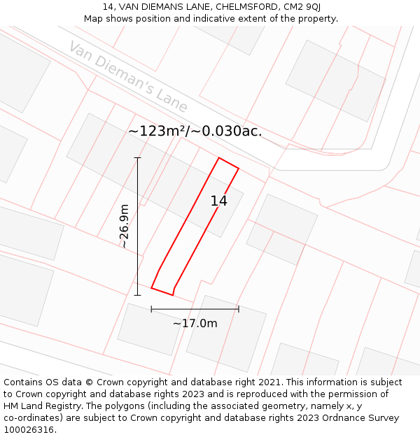 14, VAN DIEMANS LANE, CHELMSFORD, CM2 9QJ: Plot and title map