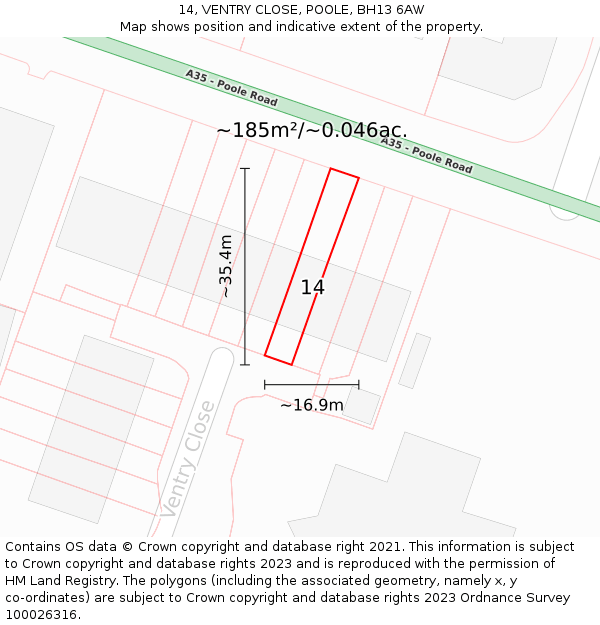 14, VENTRY CLOSE, POOLE, BH13 6AW: Plot and title map