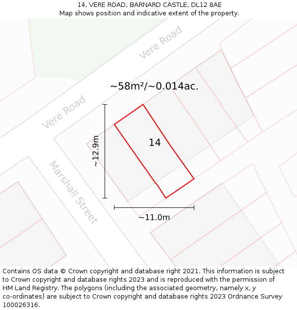 14, VERE ROAD, BARNARD CASTLE, DL12 8AE: Plot and title map