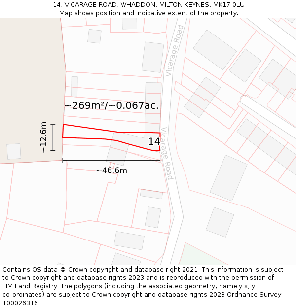 14, VICARAGE ROAD, WHADDON, MILTON KEYNES, MK17 0LU: Plot and title map