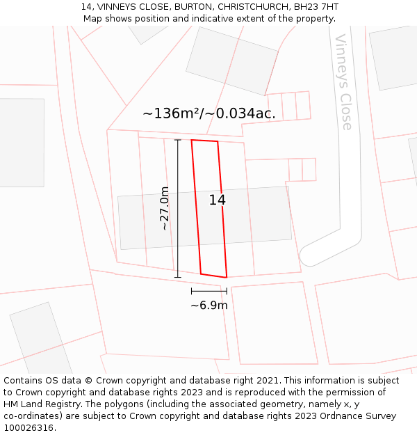 14, VINNEYS CLOSE, BURTON, CHRISTCHURCH, BH23 7HT: Plot and title map