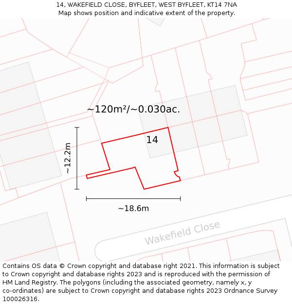 14, WAKEFIELD CLOSE, BYFLEET, WEST BYFLEET, KT14 7NA: Plot and title map