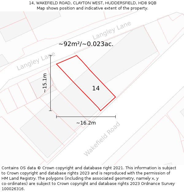 14, WAKEFIELD ROAD, CLAYTON WEST, HUDDERSFIELD, HD8 9QB: Plot and title map