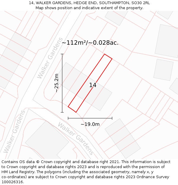 14, WALKER GARDENS, HEDGE END, SOUTHAMPTON, SO30 2RL: Plot and title map