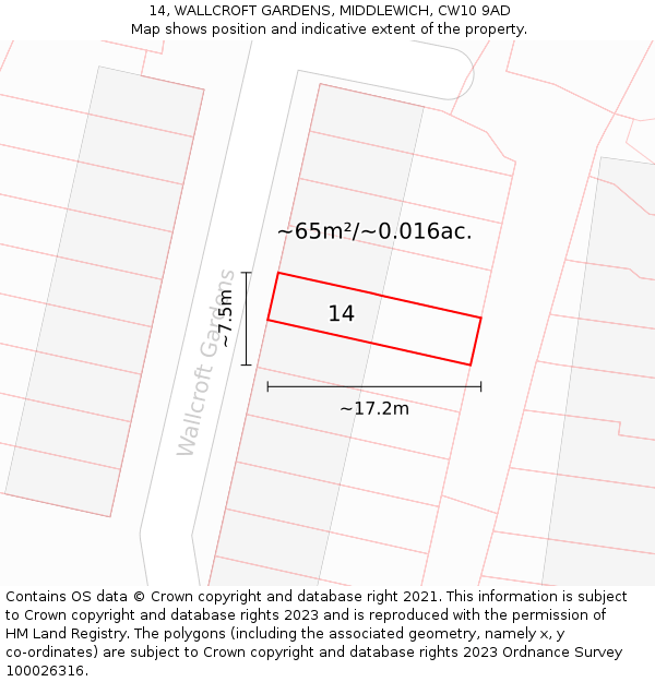 14, WALLCROFT GARDENS, MIDDLEWICH, CW10 9AD: Plot and title map