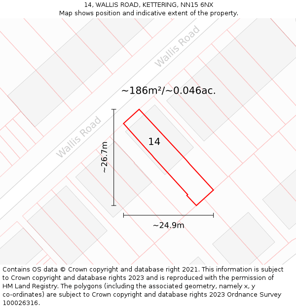 14, WALLIS ROAD, KETTERING, NN15 6NX: Plot and title map