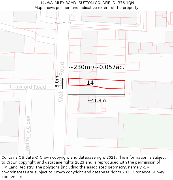 14, WALMLEY ROAD, SUTTON COLDFIELD, B76 1QN: Plot and title map