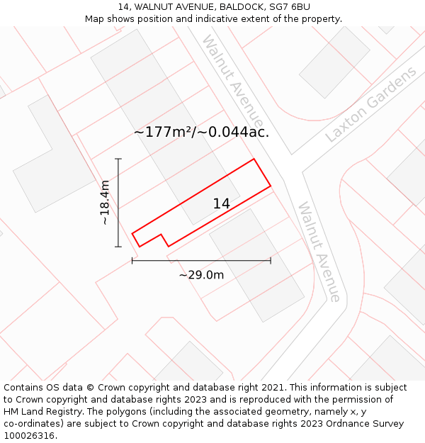 14, WALNUT AVENUE, BALDOCK, SG7 6BU: Plot and title map
