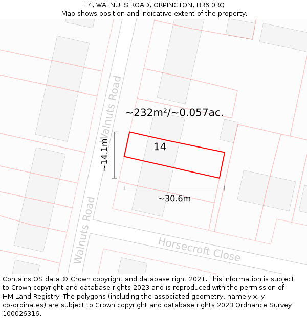 14, WALNUTS ROAD, ORPINGTON, BR6 0RQ: Plot and title map