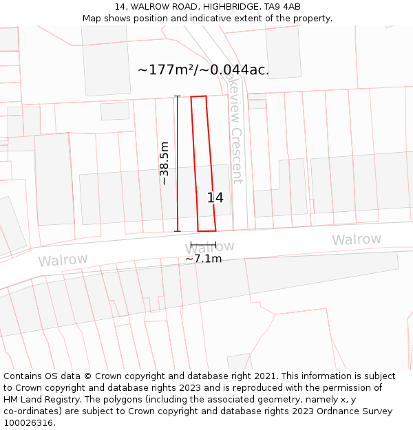 14, WALROW ROAD, HIGHBRIDGE, TA9 4AB: Plot and title map
