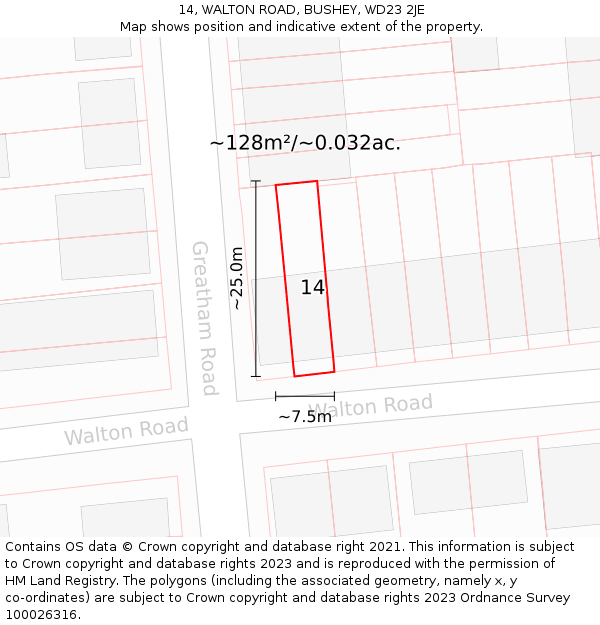 14, WALTON ROAD, BUSHEY, WD23 2JE: Plot and title map