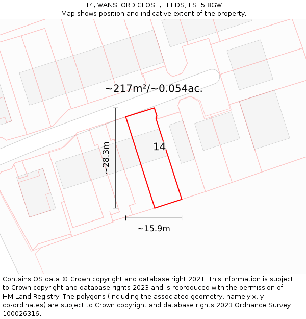 14, WANSFORD CLOSE, LEEDS, LS15 8GW: Plot and title map
