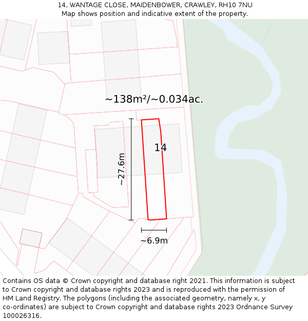14, WANTAGE CLOSE, MAIDENBOWER, CRAWLEY, RH10 7NU: Plot and title map