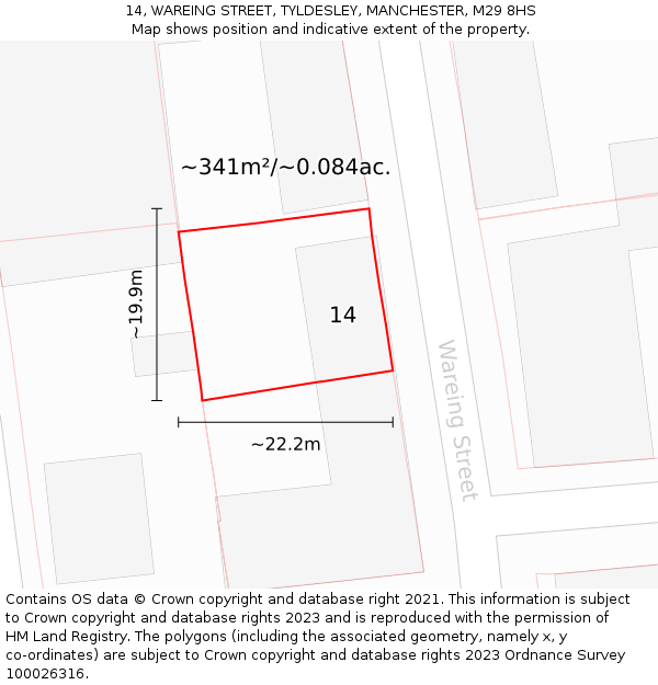14, WAREING STREET, TYLDESLEY, MANCHESTER, M29 8HS: Plot and title map