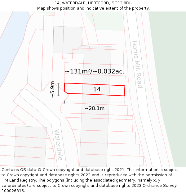 14, WATERDALE, HERTFORD, SG13 8DU: Plot and title map