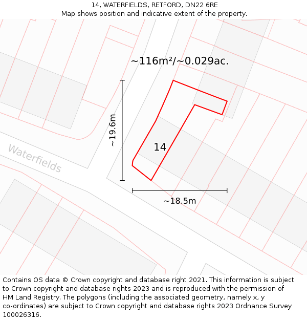 14, WATERFIELDS, RETFORD, DN22 6RE: Plot and title map