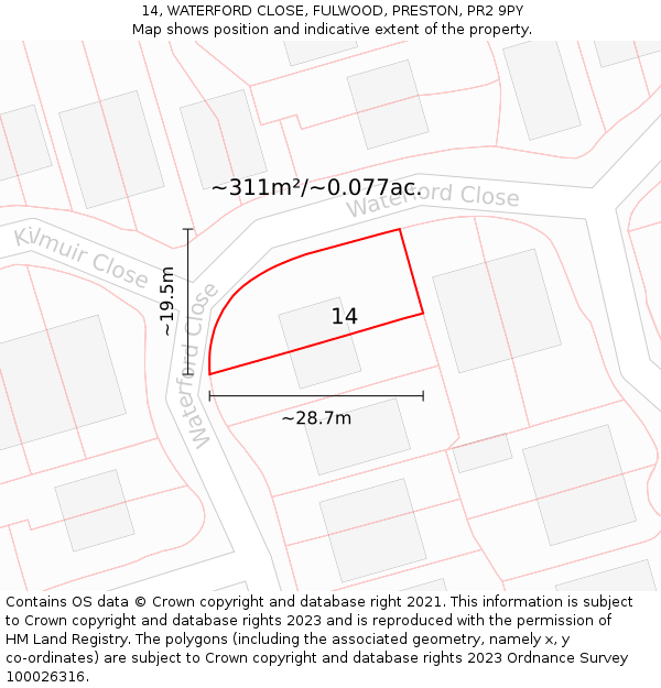 14, WATERFORD CLOSE, FULWOOD, PRESTON, PR2 9PY: Plot and title map