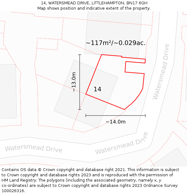 14, WATERSMEAD DRIVE, LITTLEHAMPTON, BN17 6GH: Plot and title map