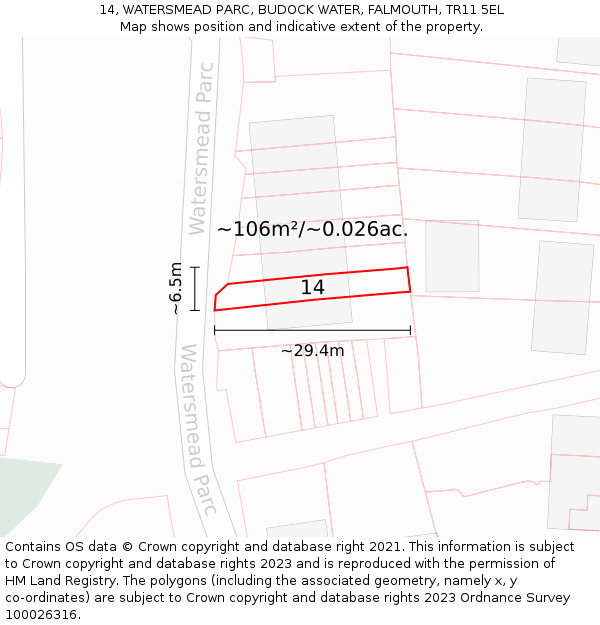 14, WATERSMEAD PARC, BUDOCK WATER, FALMOUTH, TR11 5EL: Plot and title map