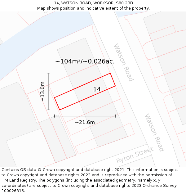 14, WATSON ROAD, WORKSOP, S80 2BB: Plot and title map