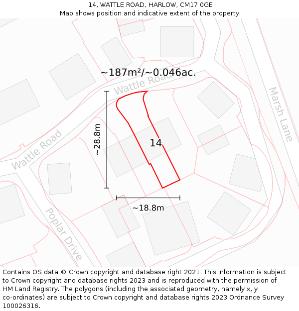 14, WATTLE ROAD, HARLOW, CM17 0GE: Plot and title map