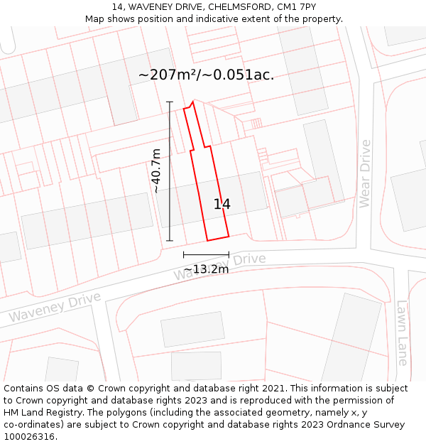 14, WAVENEY DRIVE, CHELMSFORD, CM1 7PY: Plot and title map