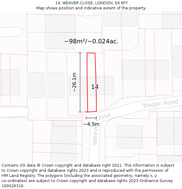 14, WEAVER CLOSE, LONDON, E6 6FY: Plot and title map