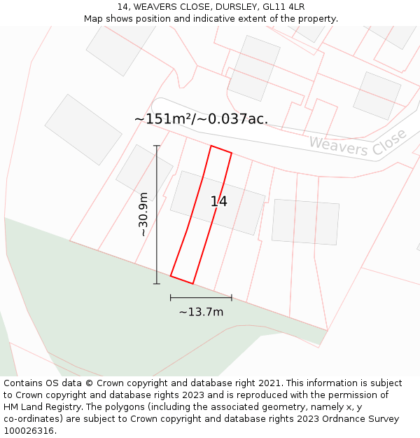 14, WEAVERS CLOSE, DURSLEY, GL11 4LR: Plot and title map