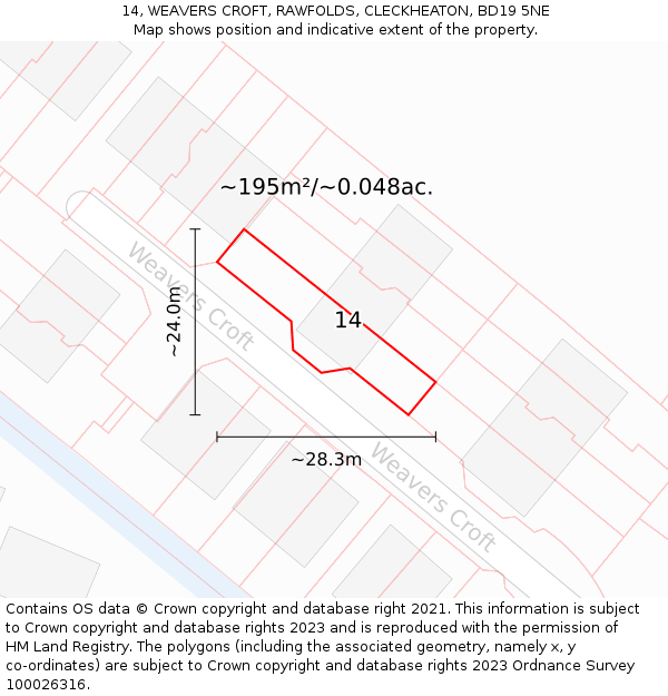 14, WEAVERS CROFT, RAWFOLDS, CLECKHEATON, BD19 5NE: Plot and title map