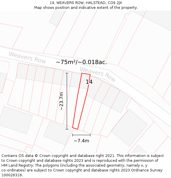 14, WEAVERS ROW, HALSTEAD, CO9 2JX: Plot and title map