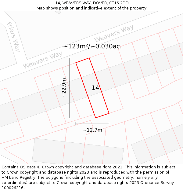 14, WEAVERS WAY, DOVER, CT16 2DD: Plot and title map