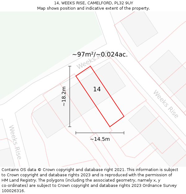 14, WEEKS RISE, CAMELFORD, PL32 9UY: Plot and title map