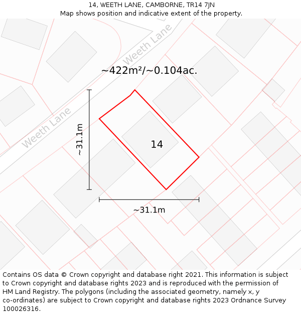 14, WEETH LANE, CAMBORNE, TR14 7JN: Plot and title map
