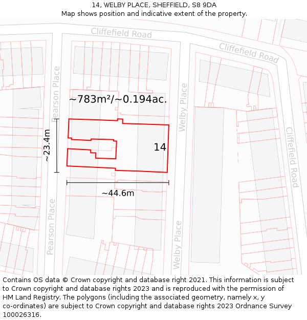 14, WELBY PLACE, SHEFFIELD, S8 9DA: Plot and title map