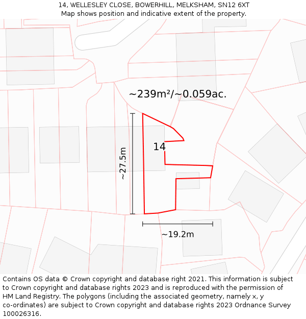 14, WELLESLEY CLOSE, BOWERHILL, MELKSHAM, SN12 6XT: Plot and title map