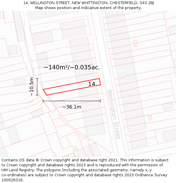 14, WELLINGTON STREET, NEW WHITTINGTON, CHESTERFIELD, S43 2BJ: Plot and title map