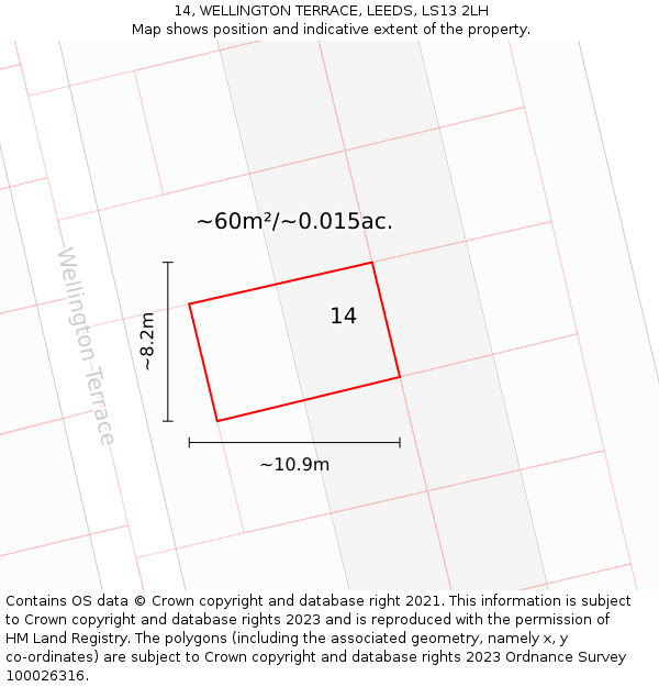 14, WELLINGTON TERRACE, LEEDS, LS13 2LH: Plot and title map