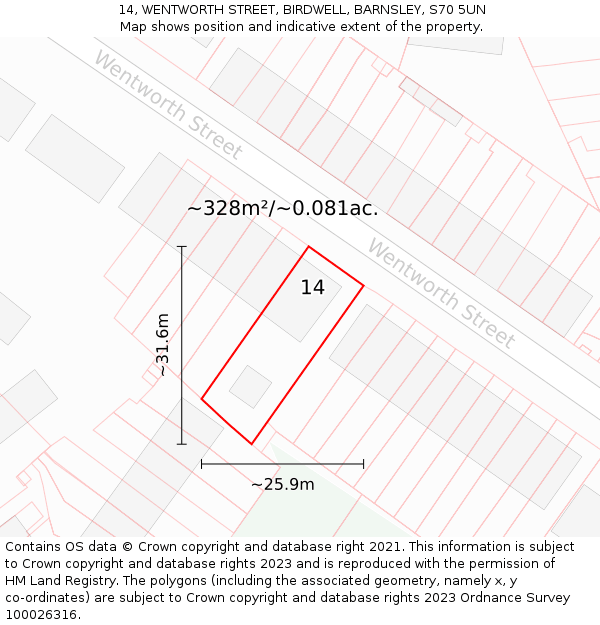 14, WENTWORTH STREET, BIRDWELL, BARNSLEY, S70 5UN: Plot and title map