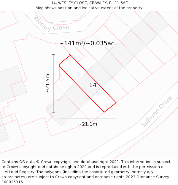 14, WESLEY CLOSE, CRAWLEY, RH11 6AE: Plot and title map