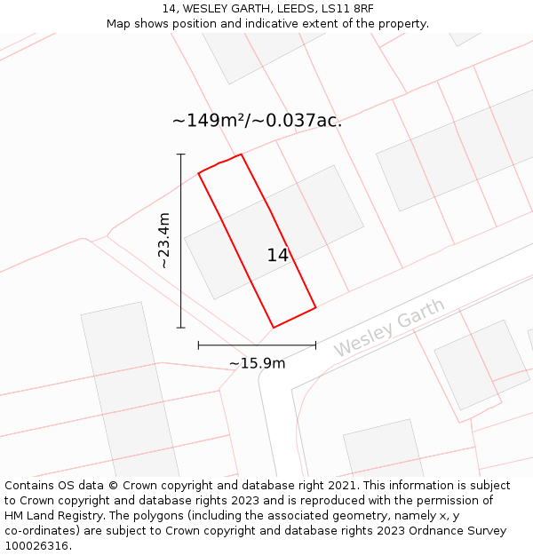 14, WESLEY GARTH, LEEDS, LS11 8RF: Plot and title map