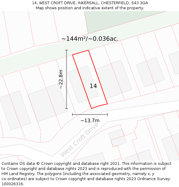14, WEST CROFT DRIVE, INKERSALL, CHESTERFIELD, S43 3GA: Plot and title map