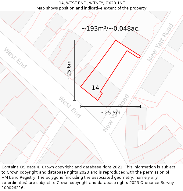 14, WEST END, WITNEY, OX28 1NE: Plot and title map
